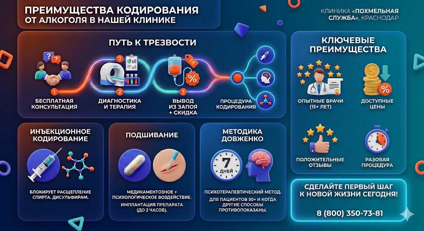 Инфографика о методах кодирования от алкоголя в Бузулуке: инъекции, подшивание, метод Довженко. Преимущества клиники и этапы лечения.